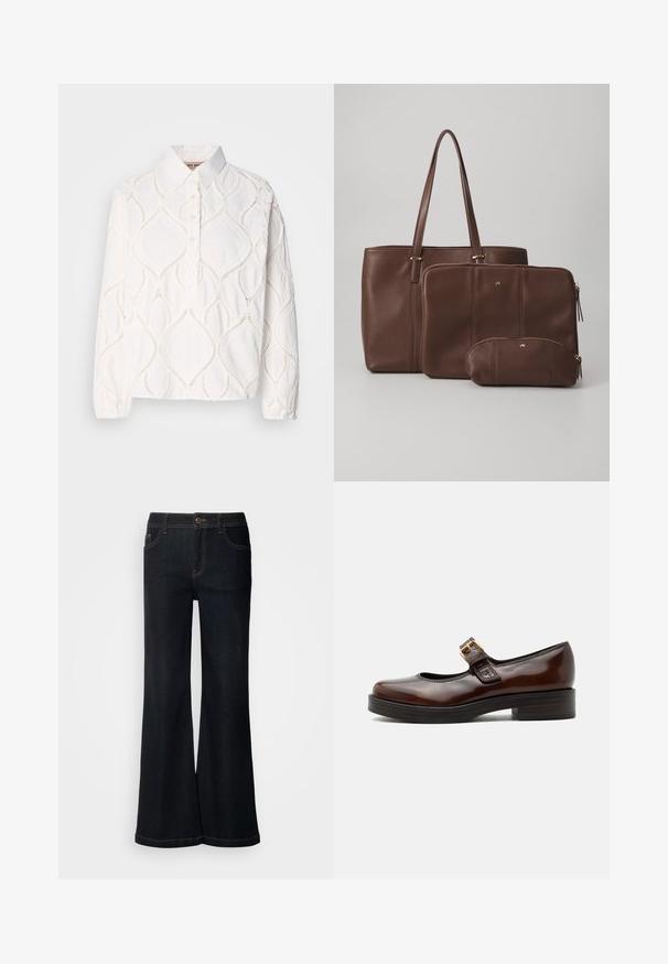 Blusa blanca de manga larga con cuello, que presenta un bordado texturizado en forma de diamante y una tapeta con botones. Tejido suave y ligero.; Mos Mosh MMDARA DELUXE JEANS - Vaqueros boyfriend - dark blue; Zapato Mary Jane marrón oscuro con acabado brillante, puntera redondeada, tacón bajo tipo bloque y hebilla dorada sobre el empeine.; Bolso tote de cuero marrón con dos bolsitas a juego; el tote tiene asas largas, mientras que las bolsitas tienen cierre y tamaños variados. Incluye detalles en dorado.