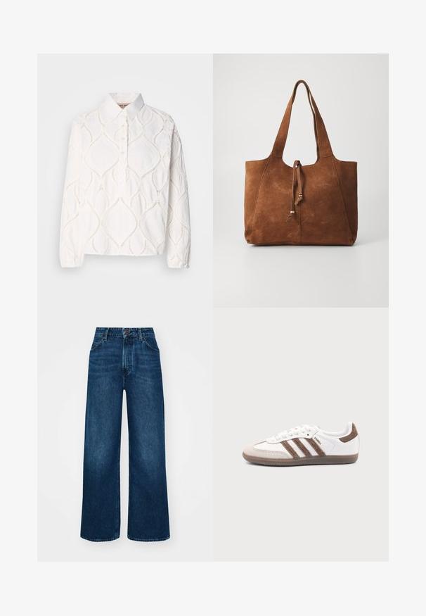 Witte lange mouwen blouse met een kraag, voorzien van textuuroverbelasting in een ruitpatroon en een knoopsluiting. Zacht, lichtgewicht stof.; Hoge taille, wijde jeans in donkerblauwe denim met een gladde textuur, contraststiksels en een vijf-pocket ontwerp. Sluiting met een knoop aan de voorkant.; Witte Adidas Samba sneaker met bruine suède strepen, bruine rubberen zool en beige suède neuskap, getoond vanaf de buitenkant op een effen achtergrond.; Bruine suede tote bag met twee lange handvatten, trekkoordsluiting en een gladde textuur. Kenmerkt zich door een eenvoudig ontwerp en minimale accenten.