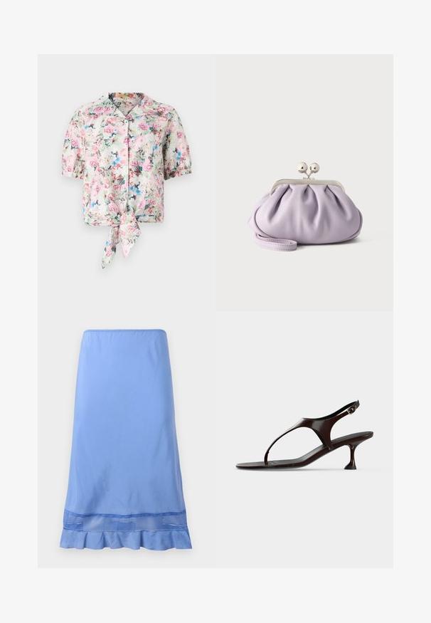 Bloemenblouse met korte mouwen en een kraag, met een strik in de taille, in pastelkleuren roze, blauw en groen met een zachte textuur.; Lichtblauwe, knie-lange rok van gladde stof, met een gerimpelde zoom en een gaasaccent nabij de onderkant. Eenvoudig te dragen ontwerp.; Donkerbruine lakleren slingbacksandaal met kittenheel en teenbandje op witte achtergrond.; Zachte lavendelkleurige clutch met geplooide stof, zilveren kiss-lock sluiting en bijpassend polsbandje op een effen lichte achtergrond.