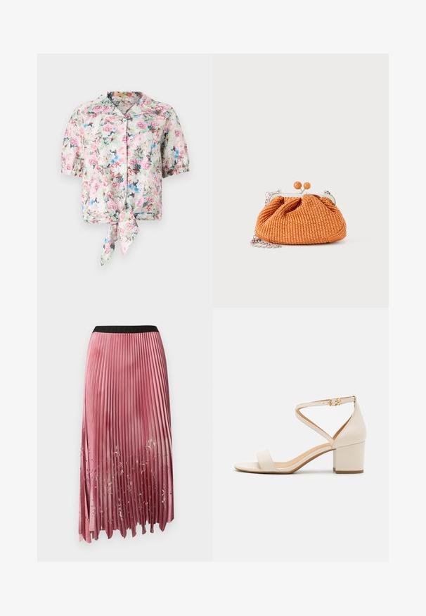Bloemenblouse met korte mouwen en een kraag, met een strik in de taille, in pastelkleuren roze, blauw en groen met een zachte textuur.; Plissé midi-rok in roze satijn met kleurverloop, voorzien van een zwarte elastische tailleband en bloemen uitsnijdingen near de zoom. Glad oppervlak.; Beige blokhak sandalen met een minimalistisch ontwerp, open neus en verstelbare enkelriem met een gouden gesp detail. Zachte textuur.; Kleine oranje geweven clutch met zilverkleurig metalen frame, ronde sluiting en een zilveren kettingriem op een witte achtergrond.