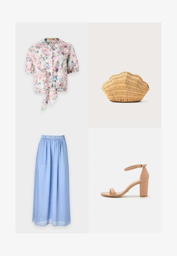 Blusa corta de manga corta con estampado floral y cuello, con un lazo en la cintura, en tonos pasteles de rosa, azul y verde con una textura suave.; Falda maxi azul claro hecha de tela transparente con una cintura fruncida, que presenta detalles de botones plateados y un sutil patrón de pequeños puntos blancos.; Stuart Weitzman NEARLY - Sandalias - nude; Bolso de mano de ratán tejido con forma de concha de vieira, de color marrón claro natural y bordes redondeados y texturizados.