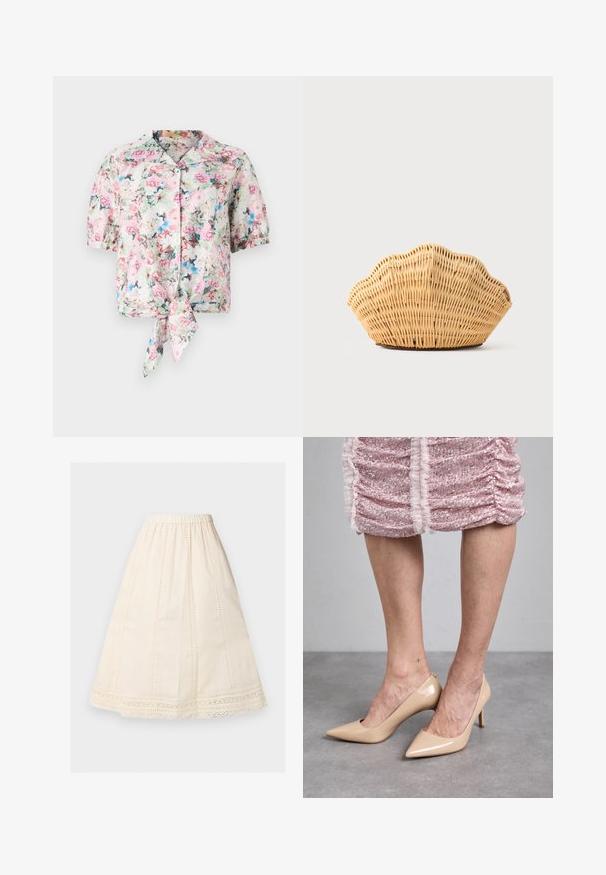 Blusa corta de manga corta con estampado floral y cuello, con un lazo en la cintura, en tonos pasteles de rosa, azul y verde con una textura suave.; Falda midi color crema con forma de línea A, cinturilla elástica, paneles verticales con puntada de ojales y encaje en el dobladillo.; Tacones de charol beige con punta afilada y un tacón delgado. Textura suave con un diseño elegante. Llevados con un vestido rosa con lentejuelas.; Bolso de mano de ratán tejido con forma de concha de vieira, de color marrón claro natural y bordes redondeados y texturizados.