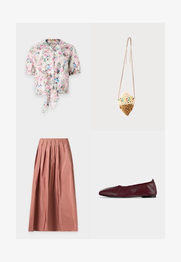 Bloemenblouse met korte mouwen en een kraag, met een strik in de taille, in pastelkleuren roze, blauw en groen met een zachte textuur.; Lange stoffige roze rok met plooien, elastische tailleband en lichtgewicht stof, plat uitgespreid op een lichte achtergrond.; Bordeauxrode leren ballerina met geplooide elastische bovenrand en dunne zwarte zool op witte achtergrond.; Klein hangend tasje in de vorm van een ijsje hoorntje, gemaakt van beige en bruine kralen met kleurrijke kraalaccenten, aan een dun gedraaid koord.