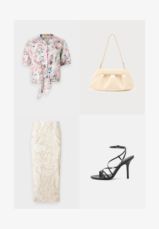 Blomsterkortærmet bluse med krave, der har et bånd i taljen, i pastelfarverne lyserød, blå og grøn med en blød tekstur.; Hvid pencilnederdel med beige, indviklet blomstret og paisley-broderi, lige pasform, knælængde.; Sort højhælet sandal med tynde stropper, en ankelspænde, en glat læderoverflade og en slank stilethæl.; Cremefarvet læderhåndtaske med sammenrullede plisseringer, guldfarvet hardware og en enkelt tynd skulderrem på en ensfarvet baggrund.
