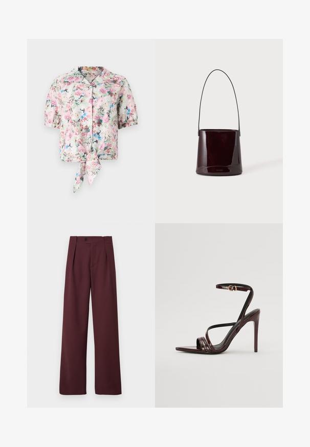 Bloemenblouse met korte mouwen en een kraag, met een strik in de taille, in pastelkleuren roze, blauw en groen met een zachte textuur.; CLOSED MAWSON - Broek - dark raisin red; Bordeaux gepatineerde leren hoge hakken sandaal met een enkelbandje, puntige neus en drie horizontale banden over de voet. Details met gouden gesp.; Donkerbruine glanzende emmerhandtas met een lange dunne riem en minimale zichtbare stiksels op een lichte achtergrond.