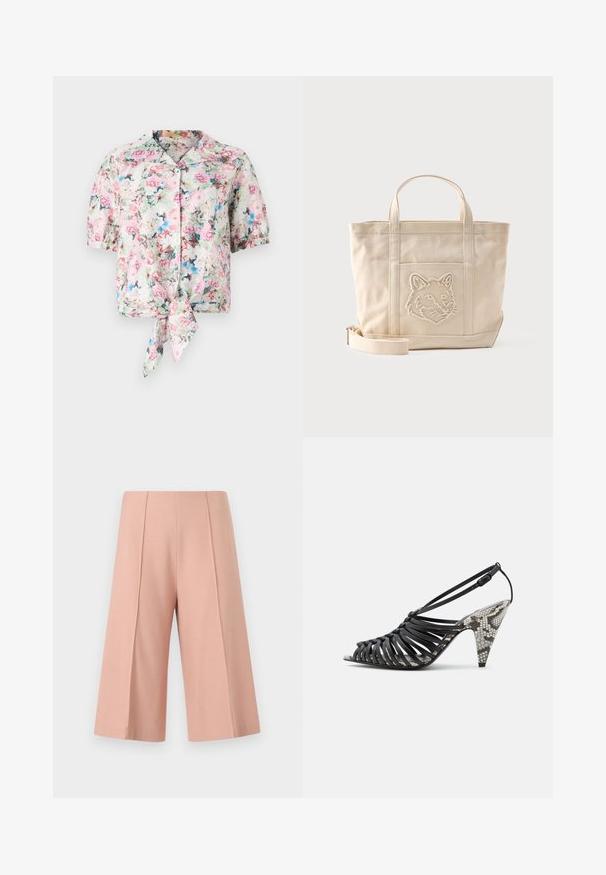 Bloemenblouse met korte mouwen en een kraag, met een strik in de taille, in pastelkleuren roze, blauw en groen met een zachte textuur.; AERON PEN - Shorts - mottled pink; Zwarte sandaal met hoge hak en bandjes, enkelgesp, hak en binnenzool met slangenhuidpatroon, open teen, zijaanzicht op witte achtergrond.; Beige canvas tas met twee handvatten, een afneembare schouderriem en een geborduurd wolfshoofd op het voorvak.