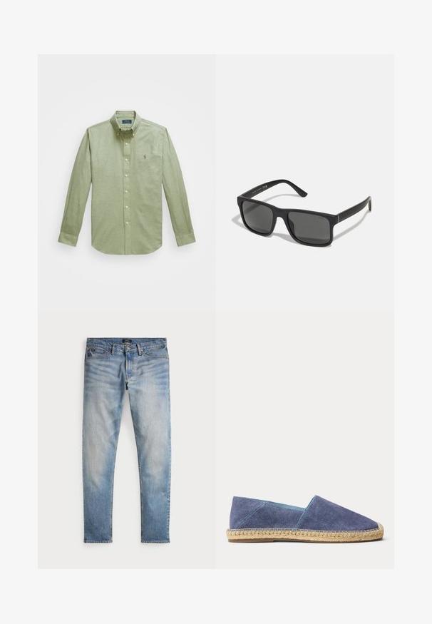 Camisa verde claro de manga larga con botones, que presenta un cuello puntiagudo, un pequeño logotipo bordado en el pecho y botones de perla.; Jeans de mezclilla azul claro con un acabado desteñido, diseño de cinco bolsillos y costuras en contraste. Incluyen un cierre de cremallera y trabillas para cinturón. Corte recto.; Alpargata azul de lona con suela de yute natural y costuras, tacón plano y puntera cerrada y redondeada.; Gafas de sol rectangulares negras con lentes oscuros y acabado mate. Presentan un logotipo "POLO" grabado en las patillas y un diseño de marco resistente.