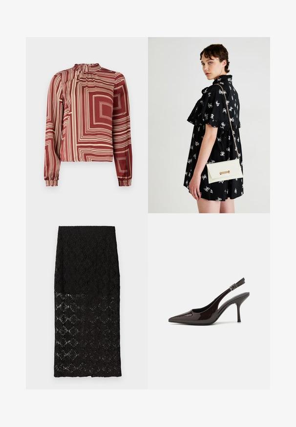 Blouse à manches longues avec un col haut, en tissu bordeaux avec des lignes géométriques crème et des poignets froncés pour un ajustement décontracté.; Jupe crayon en dentelle noire avec motifs floraux et géométriques, partie inférieure transparente, ourlet droit, présentée à plat sur fond blanc.; Soulier à talons hauts type slingback en cuir verni marron foncé brillant, à bout pointu, côtés ouverts et bride de cheville réglable.; Robe noire avec des motifs de nœuds blancs, manches courtes, volants aux épaules. Pochette blanche avec chaîne en or et fermoir, tenue dans la main droite.