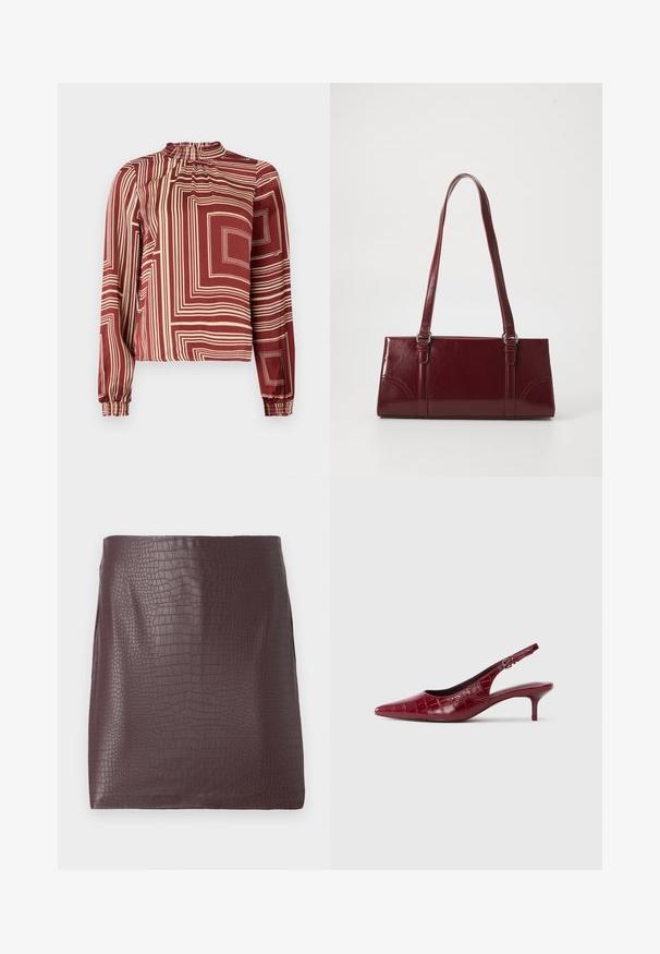 Blusa de manga larga con un cuello alto, de tejido en color marrón con líneas geométricas en crema y puños fruncidos para un ajuste relajado.; Falda mini de cuero sintético con estampado de cocodrilo en burdeos oscuro, con una textura suave y aberturas laterales.; Zapato de tacón tipo slingback de cuero burdeos con textura de cocodrilo, punta afilada, correa ajustable con hebilla y tacón bajo tipo kitten sobre un fondo blanco.; Bolso burdeos hecho de material brillante, de forma rectangular, con dos asas para el hombro y sutiles acentos curvados en la parte frontal.