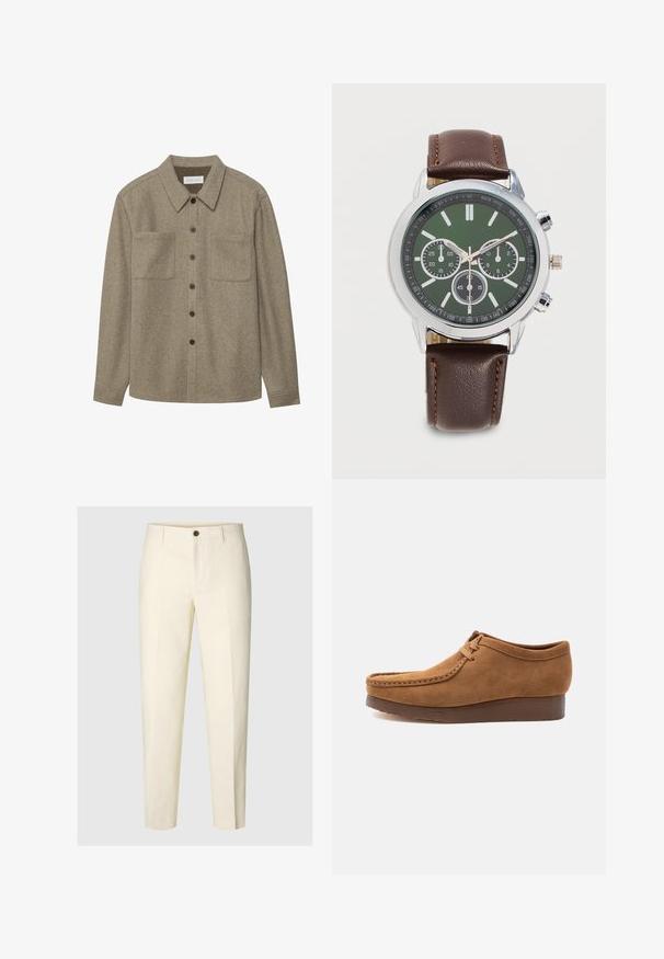 Chemise boutonnée en laine marron avec un col pointu, deux poches poitrine et des boutons noirs. Texture douce avec une coupe décontractée.; Pantalon sur mesure couleur crème avec un bouton à l’avant et des passants de ceinture, présenté sur un fond uni.; Mocassin à lacets en daim marron avec semelle épaisse foncée, vue latérale sur fond clair uni.; Montre-bracelet avec cadran vert, trois sous-cadrans, boîtier argenté, aiguilles argentées et bracelet en cuir marron avec couture orange.