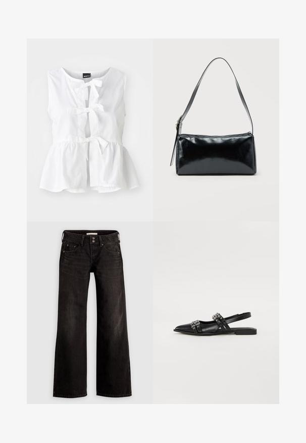 Witte mouwloze top van lichtgewicht stof, met een peplum zoom, voorste strikjes en een sleutelgatenopening, met een ronde halslijn.; Zwarte wijde jeans met een licht vervaagde afwerking, voorzien van voorzakken, een ritssluiting en een knoopsluiting. Gemaakt van denim stof.; Even&Odd by Zalando Slingback ballerina´s - black; Zwarte rechthoekige schoudertas met een enkele verstelbare band en een bovenste ritssluiting op een effen achtergrond.