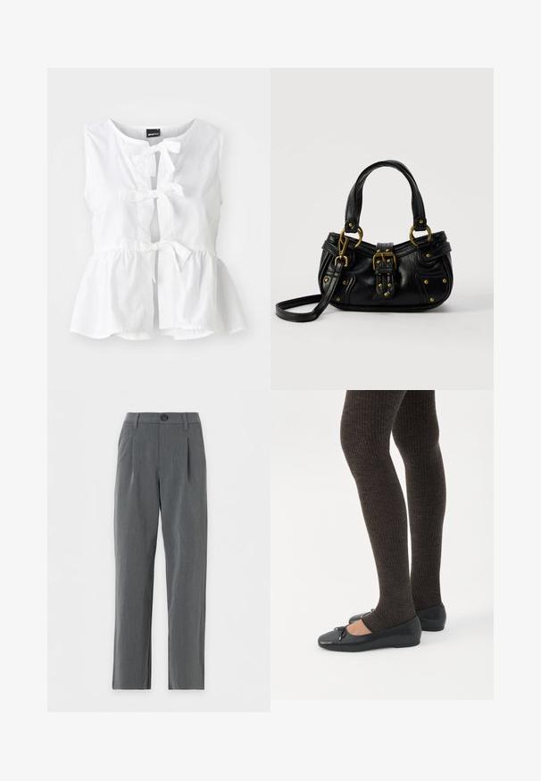 Hvid ærmeløs top i letvægtsstof, med peplum-hjørne, frontbindinger og nøglehulåbning, samt rund halsudskæring.; Grå bukser med lige snit, bæltestropper, frontknaplukning og plisseringer nær taljen på hvid baggrund.; Ben iført mørke ribbede leggings kombineret med sorte balletsko med små sløjfedetaljer på hvid baggrund.; Sort læderhåndtaske med guldbælge og nitdetaljer, korte håndtag og en justerbar skulderrem på en ensfarvet hvid baggrund.
