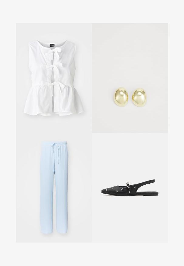 Hvid ærmeløs top i letvægtsstof, med peplum-hjørne, frontbindinger og nøglehulåbning, samt rund halsudskæring.; Lyseblå, løstsiddende bukser med elastisk talje og justerbar snøre; lavet af blødt, åndbart stof med en glat overflade.; Sort slingback-sko med spids tå, glat materiale, sølvøje-tilbehør og en spænde-rem. Flad sål med minimal mønster.; Guldtonede metalstudøreringe med en glat, rund form og poleret overflade. Simpelt design uden yderligere dekorationer.