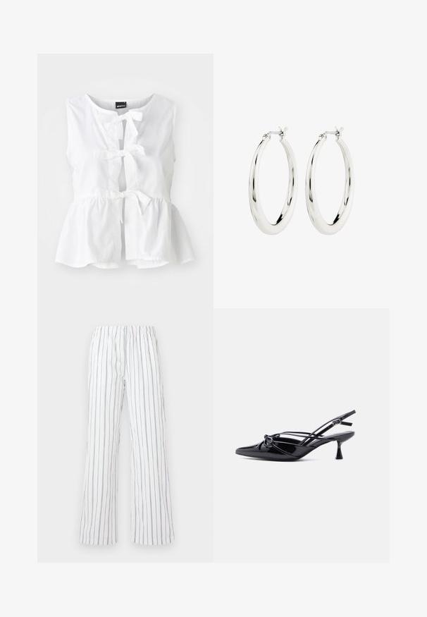 Witte mouwloze top van lichtgewicht stof, met een peplum zoom, voorste strikjes en een sleutelgatenopening, met een ronde halslijn.; Witte broek met blauwe verticale strepen, gemaakt van lichtgewicht stof. Voorzien van een elastische tailleband en ruime, uitlopende benen.; Zwarte slingback pump van lakleer met een spits toelopende neus, lage kittenhak en decoratieve knoopstrik aan de voorkant.; Zilveren oorbellen in de vorm van een gladde, glanzende ring. Circulaire vorm, voorzien van een veilige sluiting. Eenvoudig en elegant ontwerp.