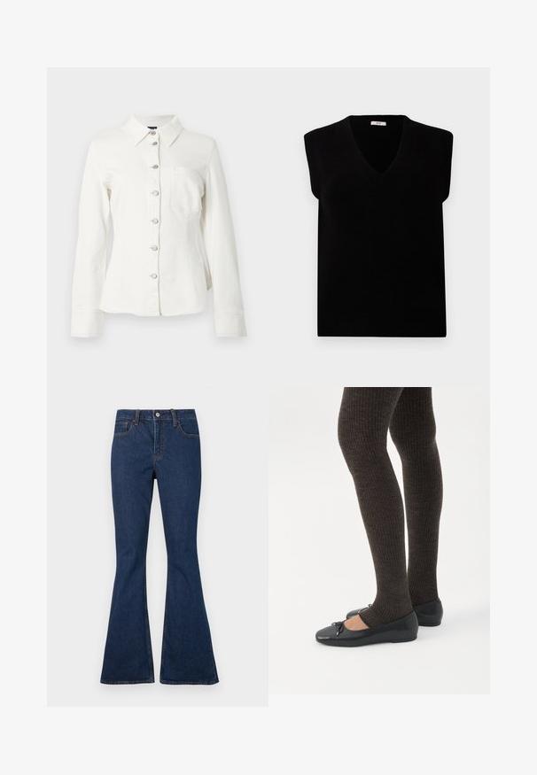 Chemise en denim blanc avec col, manches longues et fermeture à boutons sur le devant. Comprend une poche poitrine unique et des boutons argentés en guise d'accents.; Pull sans manches noir avec un col en V, fabriqué en matériau doux. Présente des détails côtelés au niveau du col et des emmanchures. Design simple et minimal.; Jean en denim bleu foncé avec une taille ajustée et des jambes évasées, doté de poches avant et de surpiqûres contrastées visibles.; Jambes portant des leggings côtelés foncés associés à des ballerines noires avec de petits détails en nœud sur fond blanc.