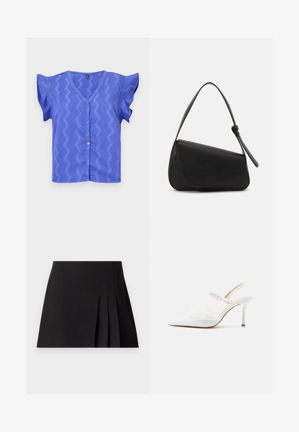 Blusa azul de manga corta con cuello en V, que presenta un patrón en zigzag y cierre de botones en el frente. Tejido texturizado con mangas de volantes.; Minifalda negra con plisados, hecha de tela suave. Cuenta con una cintura ajustada y detalles de costura sutiles a lo largo de los pliegues para dar textura.; Zapato blanco de tacón alto con punta puntiaguda, talón descubierto con correa en el tobillo y adorno decorativo de perlas y encaje en la parte delantera.; Bolso de mano de cuero negro con forma triangular, tapa en ángulo y un asa superior redondeada. Presenta una textura suave y detalles de diseño minimalistas.