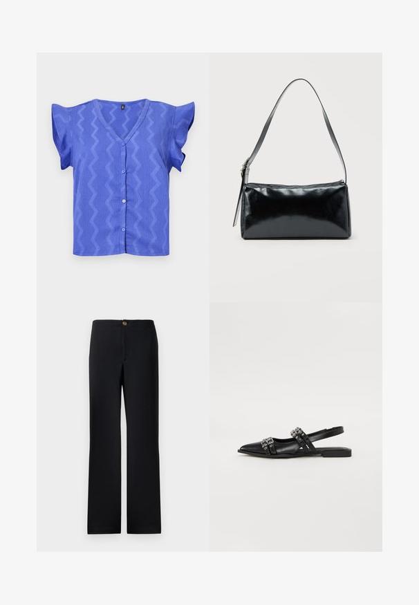 Blusa azul de manga corta con cuello en V, que presenta un patrón en zigzag y cierre de botones en el frente. Tejido texturizado con mangas de volantes.; Pantalones negros de diseño recto, con cierre de botón dorado y una tela suave y texturizada. Sin bolsillos visibles ni patrones.; Even&Odd by Zalando Bailarinas con tira trasera - black; Bolso de hombro rectangular negro con una correa ajustable y un cierre de cremallera superior sobre un fondo liso.