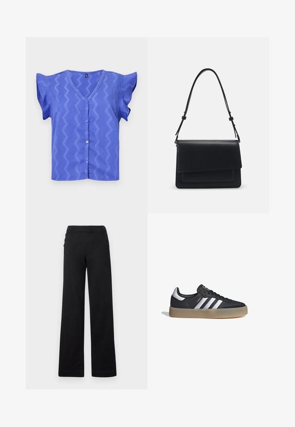 Blusa azul de manga corta con cuello en V, que presenta un patrón en zigzag y cierre de botones en el frente. Tejido texturizado con mangas de volantes.; Pantalones de pierna ancha negros con cintura alta, detalles de botones en los laterales y una textura de denim suave con un acabado limpio.; Zapatilla deportiva de cuero negro con tres rayas plateadas, punta texturizada y suela de goma. Cuenta con un collar acolchado y un diseño con cordones.; Pieces PCNIBINA HARMONICA CROSS BODY - Bandolera - black