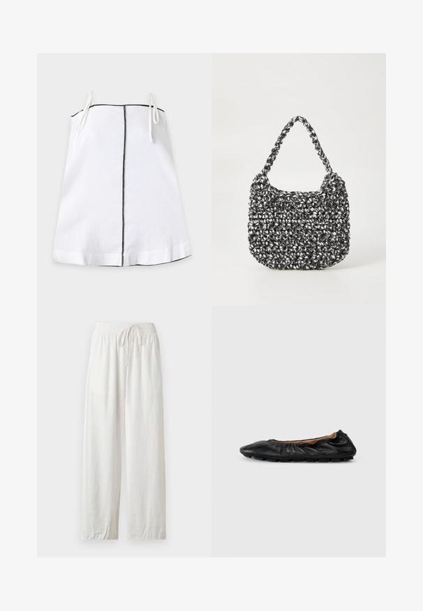 Robe nuisette blanche avec fines bretelles nouées aux épaules et une couture noire verticale au centre devant sur un fond uni clair.; Pantalon ample en lin blanc avec taille élastique et cordon, présenté à plat sur un fond neutre.; Ballerines en cuir noir avec des détails froncés au col, bout rond et semelle en caoutchouc flexible. Texture lisse dans l'ensemble.; Sac en osier noir et blanc de forme arrondie, avec une surface texturée et une poignée tressée. Convient à un usage décontracté.