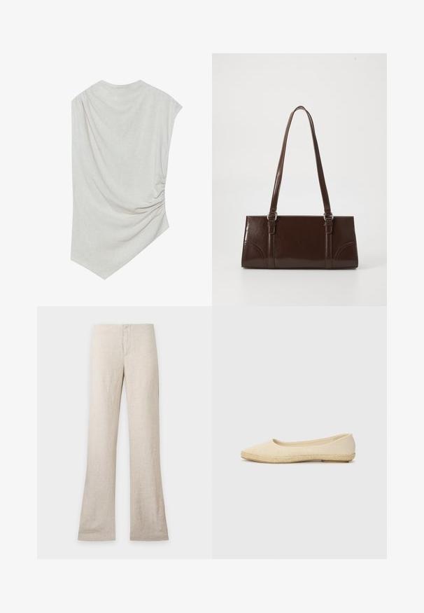 Lichte beige top met een ronde halslijn, asymmetrische zoom en geplooide details aan één kant. Gemaakt van een zachte, gestructureerde stof.; Beige linnen broek met rechte pijpen en verborgen voorsluiting, plat neergelegd op een effen lichte achtergrond. Geen zichtbare zakken of details.; Beige ballerina met een bovenwerk van textuurstof en een geweven jute zool. Smalle, ronde neus en een lage uitsnijding. Lichtgewicht constructie.; Bruine lakleren handtas met een rechthoekige vorm, twee lange handvatten en subtiele gebogen accenten aan de voorkant.