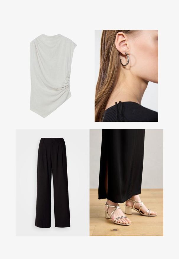 Lichte beige top met een ronde halslijn, asymmetrische zoom en geplooide details aan één kant. Gemaakt van een zachte, gestructureerde stof.; Zwarte wijde broek van soepel stof, met plooien aan de voorkant, een aansluitende tailleband en zonder zichtbare patronen of accenten.; Gouden bandjeshaks met een blokhak, met een metallic afwerking, enkelbandje en open teen design. Gepaard met een zwarte maxi rok.; Zilveren oorbel met een gepolijste afwerking, met kleine gouden accentdetails en een ronde vorm, gedragen op de oorlel.
