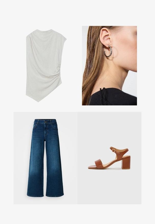 Lichte beige top met een ronde halslijn, asymmetrische zoom en geplooide details aan één kant. Gemaakt van een zachte, gestructureerde stof.; Wijde jeans van donkerblauwe denim. Heeft een hoge taille, knoopsluiting en klassiek vijf-vakken ontwerp met subtiele vervaging.; Bruine leren sandaal met hak, vierkante neus, verstelbare enkelband en blokhak. Gladde textuur en minimalistisch ontwerp.; Zilveren oorbel met een gepolijste afwerking, met kleine gouden accentdetails en een ronde vorm, gedragen op de oorlel.
