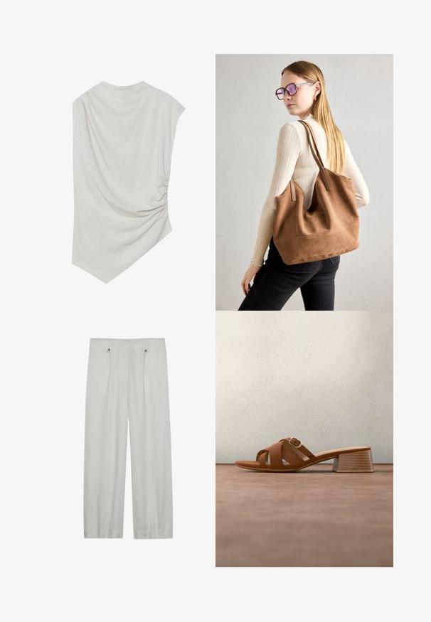 Lys beige top med en rund halsudskæring, asymmetrisk kant og samlede detaljer på den ene side. Fremstillet af et blødt, struktureret stof.; Lys grå, vid benbukser lavet af et blødt stof. Har to frontfolder, to knaplukninger og en glat tekstur.; Brun læder mule med åben tå, kraftig hæl og krydsede remme, sat mod en grå gulv og sløret mørk baggrund.; Brun ruskind tote taske med blød tekstur, stor åbning og lange stropper. Har et enkelt design med synlige syninger og ingen hardware.