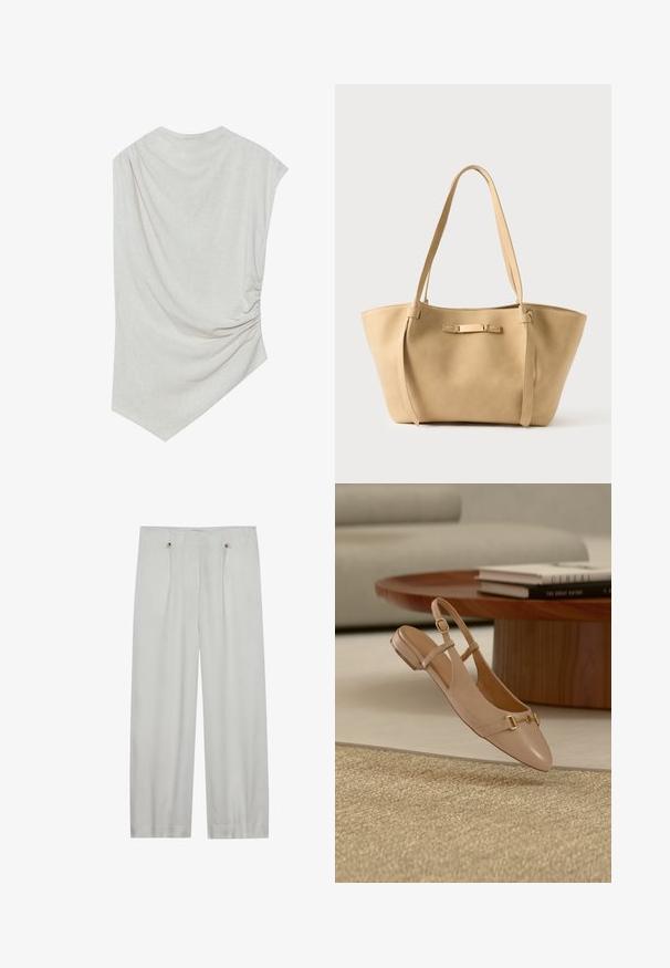 Lys beige top med en rund halsudskæring, asymmetrisk kant og samlede detaljer på den ene side. Fremstillet af et blødt, struktureret stof.; Lys grå, vid benbukser lavet af et blødt stof. Har to frontfolder, to knaplukninger og en glat tekstur.; Beige læder slingback flad sko med gulddetalje på spænde, placeret i luften over et vævet tæppe, et træ sofabord og stablede bøger i baggrunden.; Beige lædernettaske med to lange stropper, glat tekstur og en diskret metalaccent på forsiden. Åben topdesign, rummeligt indre.