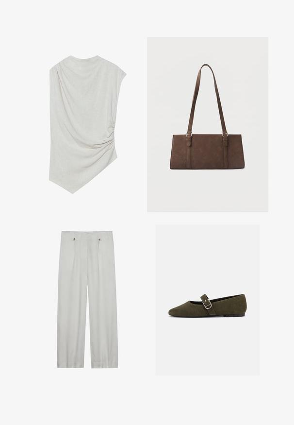 Lichte beige top met een ronde halslijn, asymmetrische zoom en geplooide details aan één kant. Gemaakt van een zachte, gestructureerde stof.; Lichtgrijze, wijde pantalon gemaakt van een zachte stof. Heeft twee voorplooien, twee knoopsluitingen en een gladde textuur.; Olijfgroene suède Mary Jane platte schoen met zilveren gespsluiting en afgeronde neus, getoond op een witte achtergrond.; Bruine rechthoekige schoudertas met lange riemen en minimale stikdetails op een effen achtergrond.