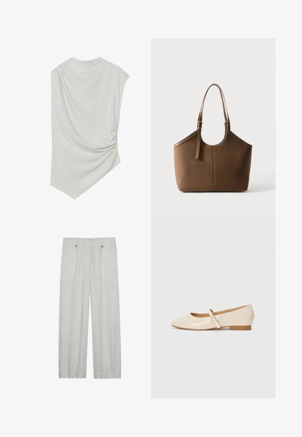 Top beige claro con escote redondeado, dobladillo asimétrico y detalle fruncido en un lado. Está hecho de una tela suave y texturizada.; Pantalones de pierna ancha en gris claro, confeccionados en una tela suave. Presentan dos pliegues frontales, dos cierres de botón y una textura suave.; Bailarinas de charol beige con punta cuadrada, tacón pequeño y una correa ajustable en el tobillo con un acento de hebilla dorada.; Bolso tote de cuero marrón con correa de hombro ajustable y hebilla dorada, textura suave, presentado sobre un fondo blanco liso.