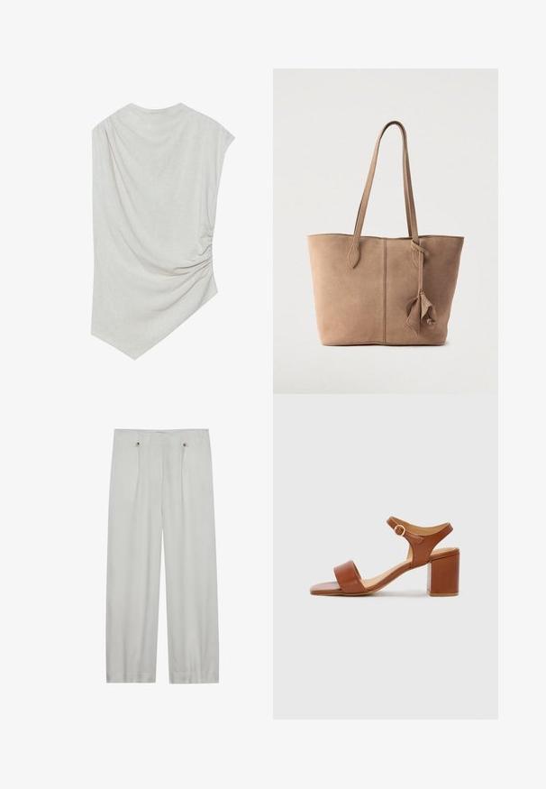Haut beige clair avec un col arrondi, un ourlet asymétrique et des détails froncés d'un côté. Fabriqué en un tissu doux et texturé.; Pantalons taille haute en gris clair, à jambes larges, fabriqués en tissu doux. Comprend deux plis avant, deux boutons de fermeture et une texture lisse.; Sandale à talon en cuir marron avec un bout carré, une bride de cheville ajustable et un talon carré. Texture lisse et design minimaliste.; Sac fourre-tout en daim beige doux avec deux longues anses, un design simple et un détail noué sur le côté. Texture lisse sur toute la surface.