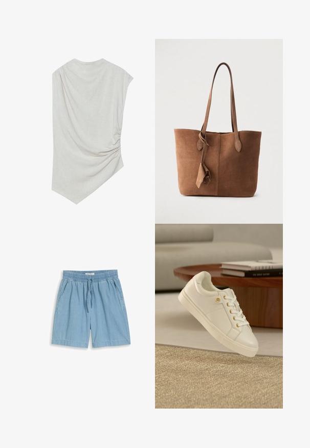 Lichte beige top met een ronde halslijn, asymmetrische zoom en geplooide details aan één kant. Gemaakt van een zachte, gestructureerde stof.; Lichtblauwe denimshorts met elastische tailleband en gebonden trekkoord, voorzien van zijzakken en rechte zoom.; Witte lederen sneaker met gouden veterogen en logo-pin, geplaatst bij een ronde houten tafel met gestapelde boeken in een moderne woonkamer.; Bruine suède totebag met twee schouderbanden, een eenvoudig ontwerp en een zijflammendetail. Gladde textuur en gestructureerde vorm.