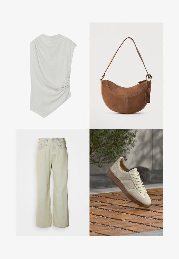 Top beige claro con escote redondeado, dobladillo asimétrico y detalle fruncido en un lado. Está hecho de una tela suave y texturizada.; Vaqueros de pierna ancha de un azul claro, hechos de denim, con una cintura alta, cinco bolsillos y un ligero desvanecimiento con acentos de costura contrastante.; Zapatilla de color crema con suela de goma beige texturizada, diseño con cordones y sutiles detalles de marca en el lateral. Parte superior de cuero liso.; Bolso de ante marrón con forma curva de media luna. Cuenta con una correa para el hombro, una pequeña etiqueta y costuras visibles a lo largo de los bordes.
