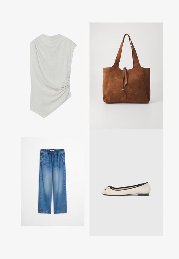 Top beige claro con escote redondeado, dobladillo asimétrico y detalle fruncido en un lado. Está hecho de una tela suave y texturizada.; Pantalones vaqueros de pierna ancha en azul claro con cintura elástica y cordón, presentando un ligero desgaste y un ajuste holgado.; Bailarinas en un tejido beige con un ribete negro. Presentan una punta redondeada y un pequeño lazo en la parte delantera. Suela de bajo perfil.; Bolso tote de ante marrón con dos asas largas, cierre de cordón y textura suave. Presenta un diseño sencillo y acentos mínimos.