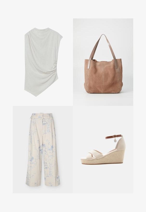Haut beige clair avec un col arrondi, un ourlet asymétrique et des détails froncés d'un côté. Fabriqué en un tissu doux et texturé.; Pantalon crème à jambes larges avec imprimé floral bleu clair et ceinture en tissu assortie avec boucle rectangulaire.; Sandale compensée beige avec plateforme texturée, brides croisées en tissu, et bride de cheville marron avec petit pendentif rond doré.; Anna Field by Zalando LEATHER - Cabas - taupe