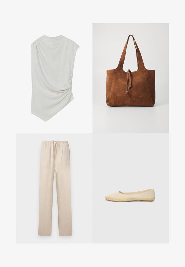 Lys beige top med en rund halsudskæring, asymmetrisk kant og samlede detaljer på den ene side. Fremstillet af et blødt, struktureret stof.; Lysebeige bukser med løs pasform, elastisk talje og snøre, lige ben, lavet af letvægtsstof.; Beige balletflade med et struktureret tekstiloverdel og en vævet jutesål. Slank, afrundet tå og et lavt snit. Letvægtig konstruktion.; Brun ruskinds tote bag med to lange håndtag, snøre lukning og glat tekstur. Har et enkelt design og minimale accenter.