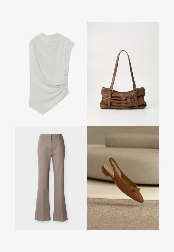 Lys beige top med en rund halsudskæring, asymmetrisk kant og samlede detaljer på den ene side. Fremstillet af et blødt, struktureret stof.; Beige højtaljede bukser med vide ben, syninger foran, bæltestropper og skjult lukning foran, vist på en hvid baggrund.; Brun ruskindslå på flad sko med en lille sløjfe på tåen og guldlås, vist mod en beige sofa og tæppe.; Even&Odd Håndtasker - brown