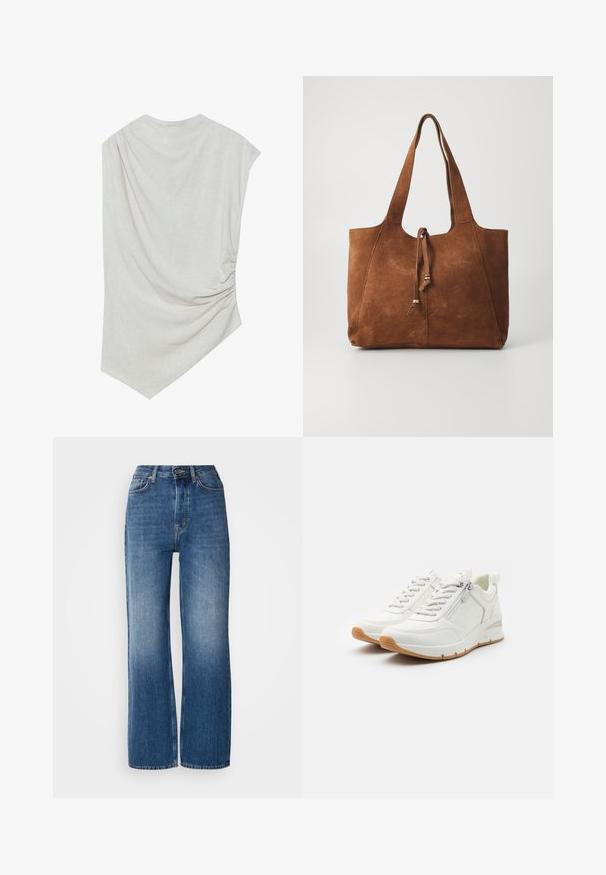 Lys beige top med en rund halsudskæring, asymmetrisk kant og samlede detaljer på den ene side. Fremstillet af et blødt, struktureret stof.; Højtaljede, brede blå denimjeans med en gradientvask, kobberstikninger, lukning med frontknap og fem lommer.; Hvide sneakers med et struktureret design, som har en sidezipper, snørebånd foran og en gummisål for godt greb.; Brun ruskinds tote bag med to lange håndtag, snøre lukning og glat tekstur. Har et enkelt design og minimale accenter.