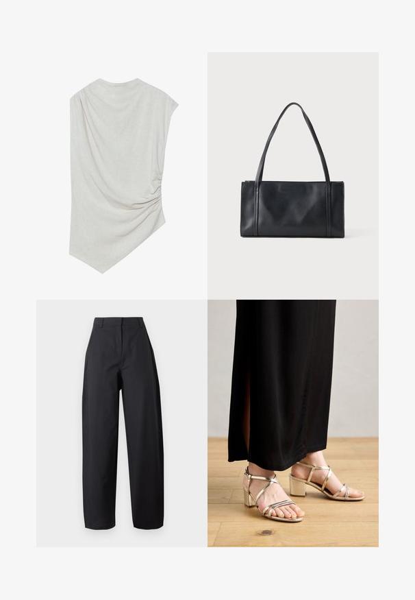 Lys beige top med en rund halsudskæring, asymmetrisk kant og samlede detaljer på den ene side. Fremstillet af et blødt, struktureret stof.; Sort, højtaljede bukser med vide ben, frontlommer og bæltestropper, vist mod en ensfarvet lys baggrund.; Guld strop sandaler med blokhæl, med metallisk finish, ankelrem og åben tå design. Kombineret med en sort maxi nederdel.; Sort rektangulær lædertaske med to tynde skulderremme mod en ensartet lys baggrund.
