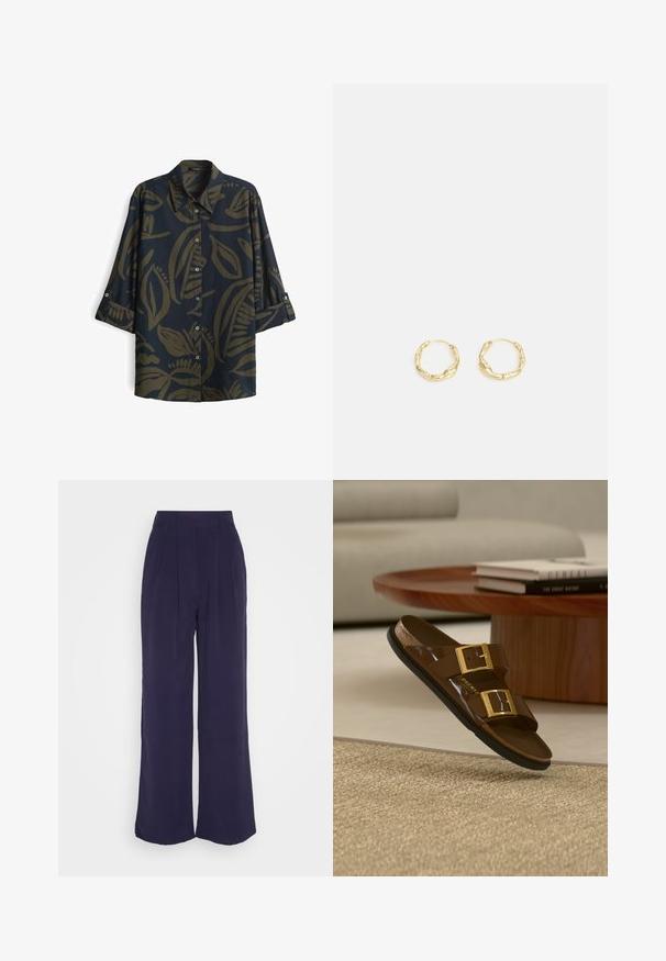 Donkerblauwe shirt met een bladpatroon in olijfgroen. Heeft een kraag, knopen en driekwart mouwen met manchetten. Gladde stofstructuur.; Anna Field by Zalando Broek - dark blue; Bruine slip-sandalen met dubbele band en gouden gespen, zwevend boven een gestructureerd beige kleed, nabij een houten salontafel en een lichte bank.; Gouden creolen met een gestructureerd, onregelmatig oppervlak. Beschikt over een lichtgewicht ontwerp en een ronde vorm, geschikt voor dagelijks gebruik.