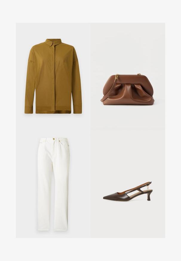 Brun langærmet skjorte med spids krave, front knaplukning og glat stofstruktur. Skræddersyet pasform med lige kant.; Hvide denimbukser med lige ben-design, der har lukning med knap foran og en subtil tekstur. Inkluderer sidelommer og minimalt hardware.; Brun læder pegepibeslingback sko med en lav buet hæl og en lille guldsmykke på den justerbare ankerrem.; Brun clutchtaske i læder med rynket design, guldfarvet hardware og aftagelig håndledsrem på hvid baggrund.