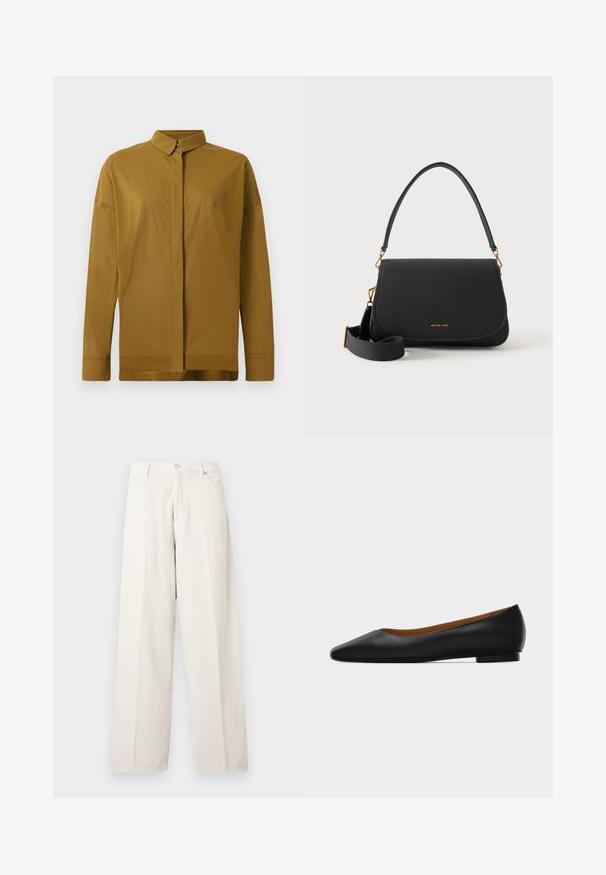 Bruine langemouwenhemd met een puntig kraag, een knopenrij aan de voorkant en een gladde stofstructuur. Slim fit met een rechte zoom.; Off-white wijde broek met riemlussen, knoopsluiting aan de voorkant, ritssluiting en zijzakken, getoond tegen een lichte effen achtergrond.; Zwarte leren puntschoen met lage hak en gladde afwerking, zijaanzicht op een lichtgrijze achtergrond.; Zwarte leren schoudertas met gebogen klep, goudkleurige hardware, verstelbare stoffen crossbodyriem en klein Michael Kors-logo.