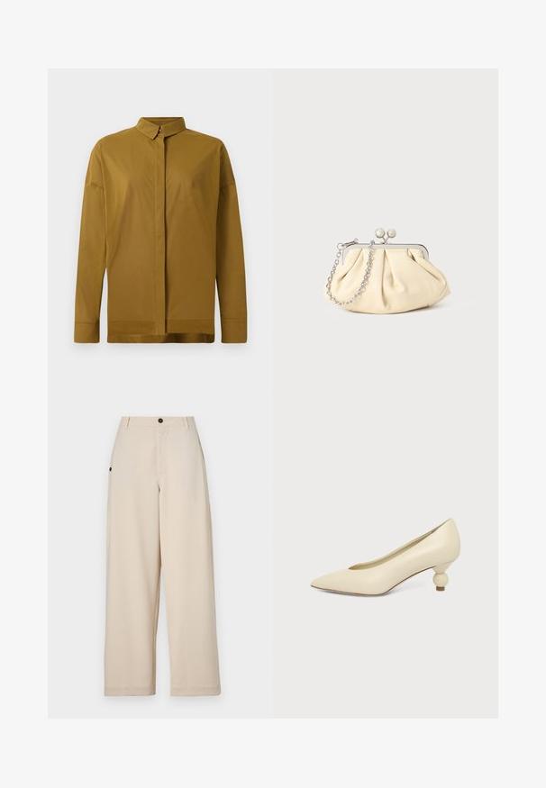 Bruine langemouwenhemd met een puntig kraag, een knopenrij aan de voorkant en een gladde stofstructuur. Slim fit met een rechte zoom.; Beige wijde broek gemaakt van zachte stof, met een sluiting met voorknop, zijzakken en een relaxte pasvorm.; Dames schoen in roomkleur met een puntige neus en een lage, ronde balvormige hak op een effen achtergrond.; Geplooide beige leren clutch met een zilveren metalen frame, voorzien van twee ronde decoratieve sluitingen en een zilveren kettingriem.