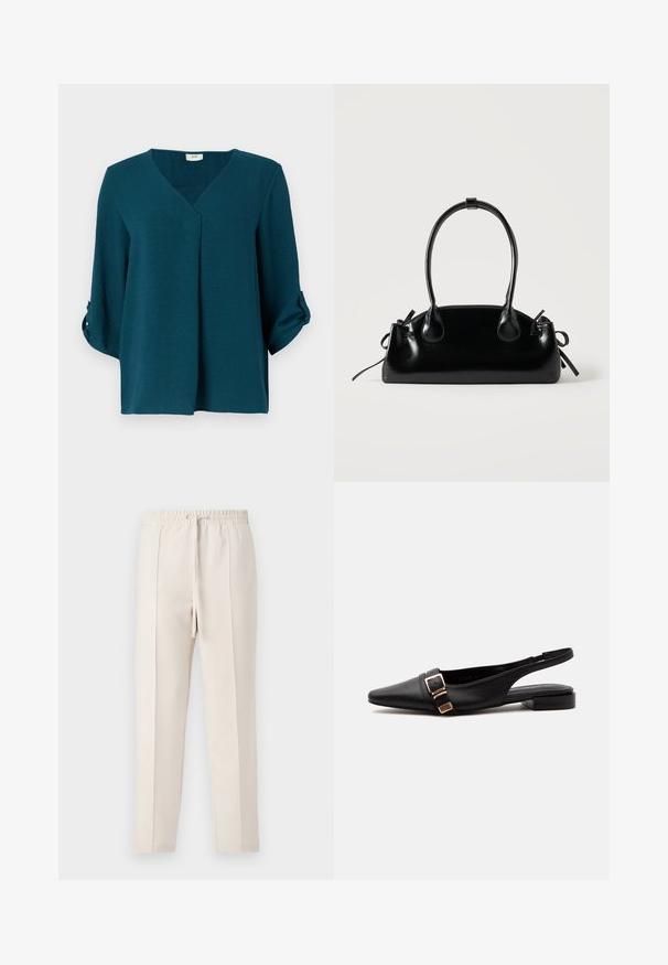 Chemisier turquoise avec un décolleté en V, des manches trois-quarts et des poignets à boutons. Réalisé en tissu texturé avec une coupe ample et un détail de plis à l'avant.; Pantalons de jogging beiges avec une taille élastique et un cordon de serrage, présentant une texture lisse et deux plis à l'avant pour une apparence soignée.; Chaussure plate slingback en cuir noir avec bout pointu et détail de boucle dorée sur le côté, présentée sur un fond blanc uni.; Petit sac à main noir brillant avec deux longues anses et des détails à cordon sur les côtés sur un fond clair uni.