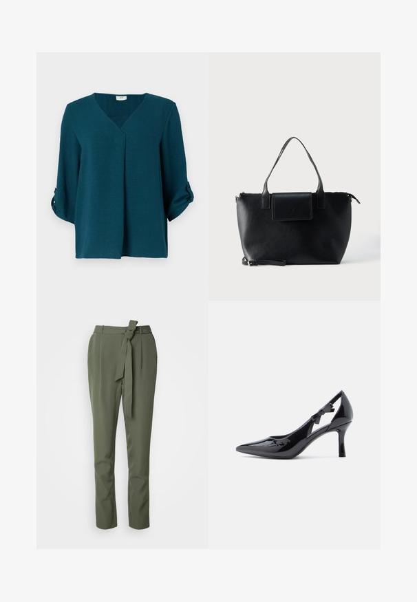 Teal blouse met een V-hals, driekwartmouwen en knoopmanchetten. Gemaakt van textuurstof met een losse pasvorm en een detail met een voorplooien.; Olijfgroene broeken van gladde stof, met een gestrikte riem in de taille, rechte pijpen en zijzakken voor een getailleerde look.; Zwarte laklederen pump met hoge hak, spitse neus, enkellus versierd met een strik en een slanke stilettohak.; Zwarte leren totebag met twee handvatten, een afneembare band, magnetische klepsluiting en een gladde textuur. Rits aan de bovenzijde en sierstiksels.