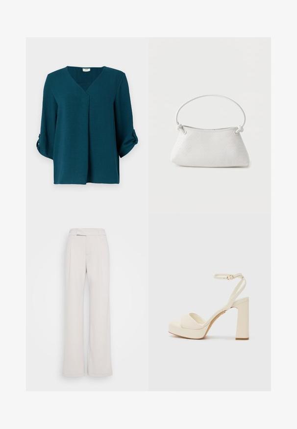 Blusa azul verdosa con escote en V, mangas tres cuartos y puños abotonados. Hecha de tejido texturizado con un corte holgado y detalle de pliegue frontal.; Pantalones de pierna ancha en tejido beige claro con una cinturilla ajustada, pliegues en la parte delantera y una textura suave. Diseño casual, sin patrón visible ni accesorios.; ALDO LOTHON - Zapatos de plataforma - white/bone; Bolso de mano de cuero blanco tejido con asa redondeada y extremos de la correa anudados, exhibido sobre un fondo liso.