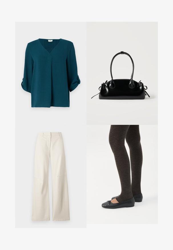 Teal blouse met een V-hals, driekwartmouwen en knoopmanchetten. Gemaakt van textuurstof met een losse pasvorm en een detail met een voorplooien.; Brede broekspijpen in een crèmekleurige katoenstof. Heeft een hoge taille, gestructureerd ontwerp en minimale stikdetails. Vlakke voorkant met zakken.; Benen met donkere geribbelde leggings gecombineerd met zwarte ballerina's met kleine strikdetails op een witte achtergrond.; Kleine zwarte glanzende handtas met twee lange hengsels en zijkant trekkoord details op een effen lichte achtergrond.