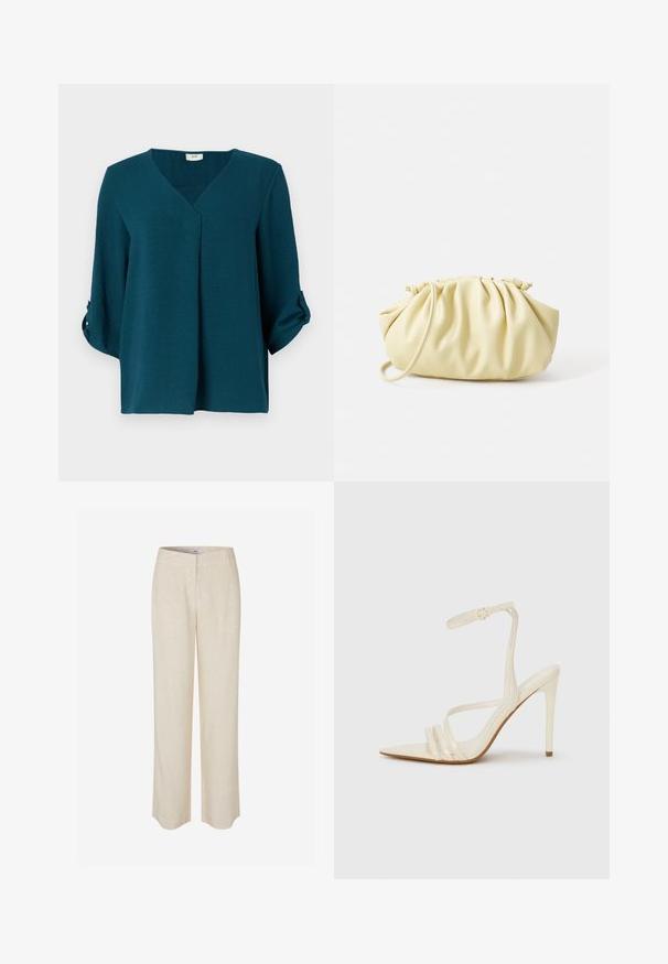 Chemisier turquoise avec un décolleté en V, des manches trois-quarts et des poignets à boutons. Réalisé en tissu texturé avec une coupe ample et un détail de plis à l'avant.; Pantalon en lin beige à coupe droite, avec une texture lisse et un léger éclat. Comprend une ceinture et des poches avant discrètes.; Sandales à talons hauts beiges avec un bout pointu, comportant trois brides à l'avant et une fine bride à la cheville avec une boucle. Texture lisse, design minimaliste.; Sac à main plissé jaune en simili cuir lisse, arborant une forme douce avec une bandoulière unique et un design froncé sur le dessus.