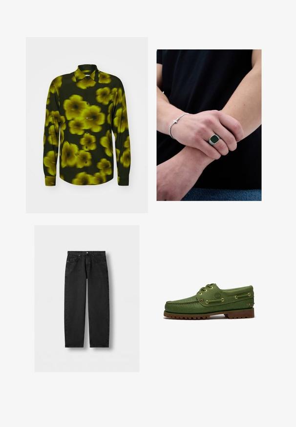 Chemise à manches longues de couleur vert foncé avec un motif floral jaune, présentant un col classique, une fermeture à boutons et des poignets droits. Texture de tissu lisse.; Jeans en denim noir à jambes droites avec poches avant et poche à monnaie, fermeture à bouton et passants de ceinture sur un fond gris clair.; Chaussure bateau en cuir vert avec semelle à crampons marron, lacets passant par des œillets dorés, et logo arbre embossé sur le côté.; Personne portant une chemise noire tenant son poignet gauche avec sa main droite, montrant un bracelet en argent avec une croix et une bague en argent à face noire.