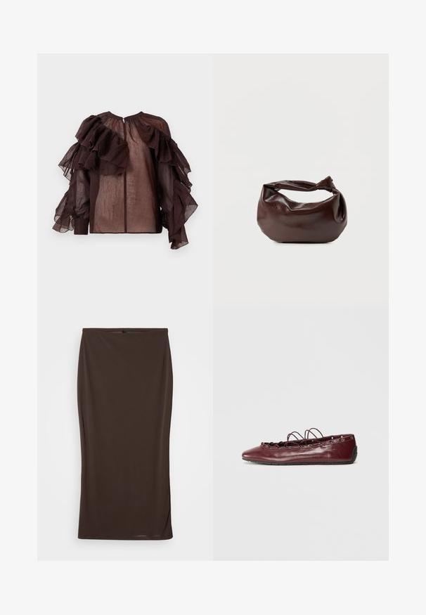 Blusa oscura de tela semitransparente con volantes de capas voluminosas en las mangas y el pecho superior, escote fruncido y cierre de botones en la parte posterior.; Falda midi marrón hecha de una tela elástica, diseño ceñido, textura suave y una apariencia simple y sin adornos.; Bailarina de cuero burdeos con punta afilada, detalles de encaje en la parte frontal y ojales plateados. Suela suave para flexibilidad y comodidad.; Bolso de hombro de cuero marrón oscuro con una forma suave y caída, y un asa con nudo torcido sobre un fondo blanco liso.